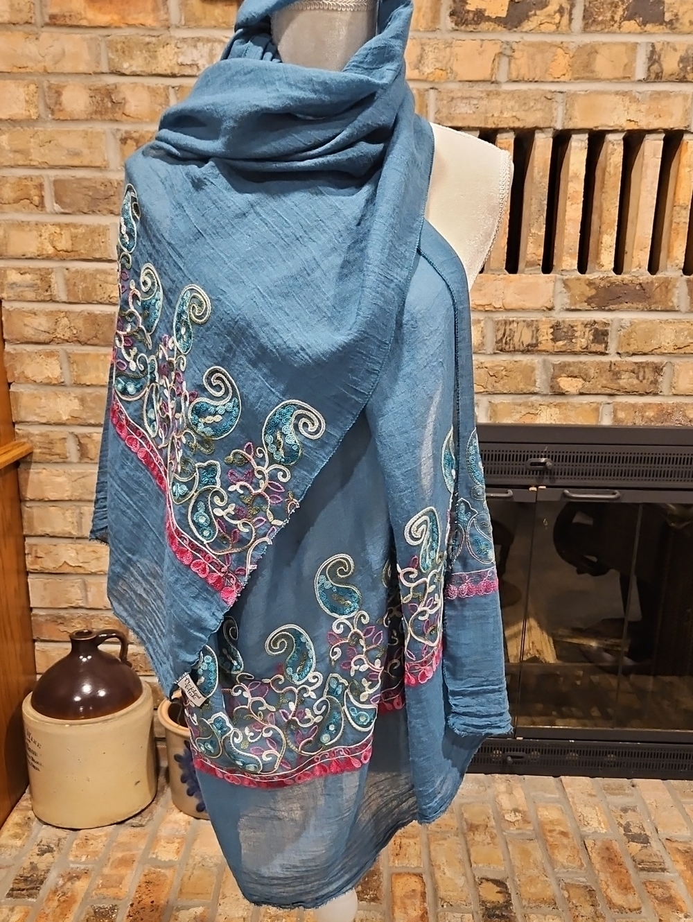 Tickled Pink Scarf Wrap 100% Cotton Beautiful Stitching 75" Long Teal VGUC